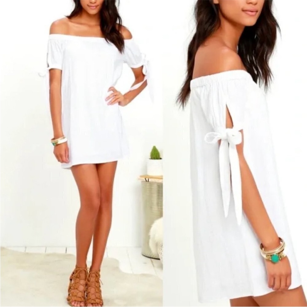 Lulu’s Al Fresco Evenings Off-Shoulder White Tie-Sleeve Mini Dress
